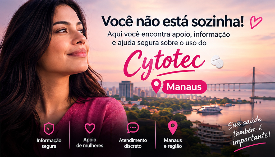 Arte informativa com mulher e mensagem de apoio em Manaus